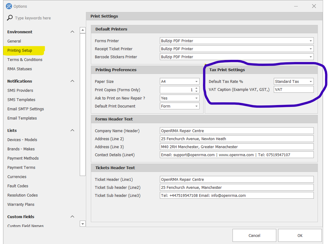 Screenshot Print Taxes Selection