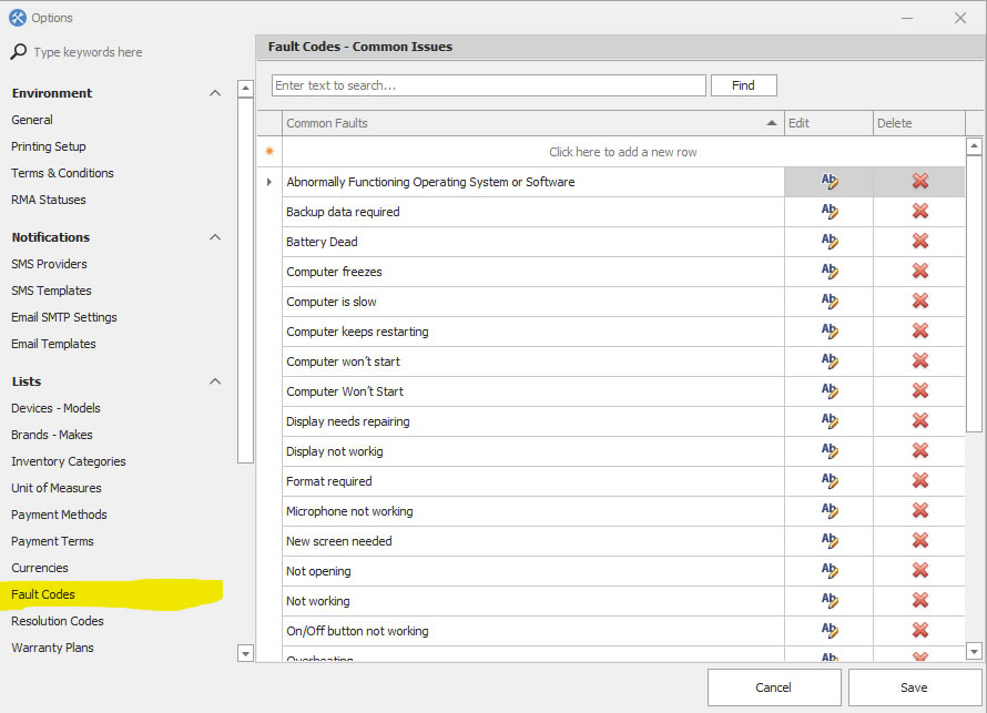 openrma-faultcodes-settings