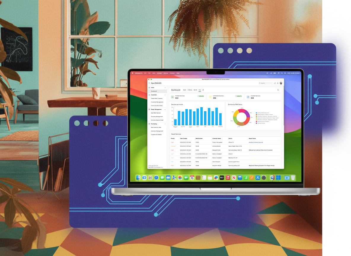 OpenRMA365 software dashboard showing repair tickets, inventory, and customer data on a laptop