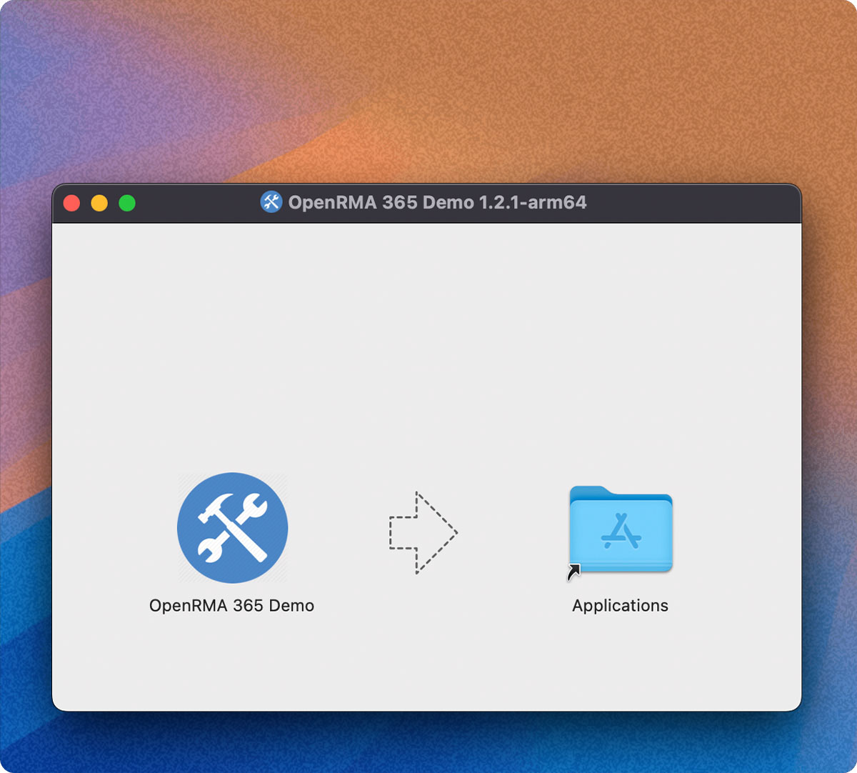 An illustration of OpenRMA365 Image Setup for mac that you can drag to Applications folder to install it.
