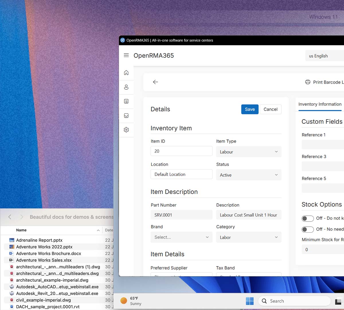 A screen of the Inventory edit screen of OpenRMA365.