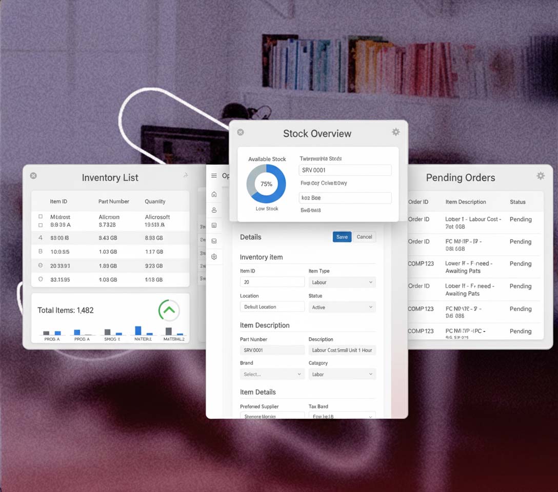 An illustration of OpenRMA Desktop and the OpenRMA365 mobile app side-by-side, both displaying the same customer's CRM data.