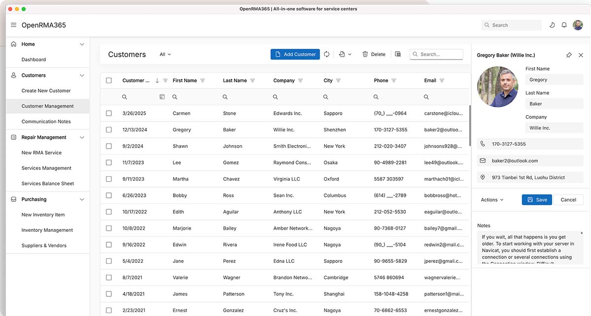 A clean, modern OpenRMA365 customer management screen with a list of customers.