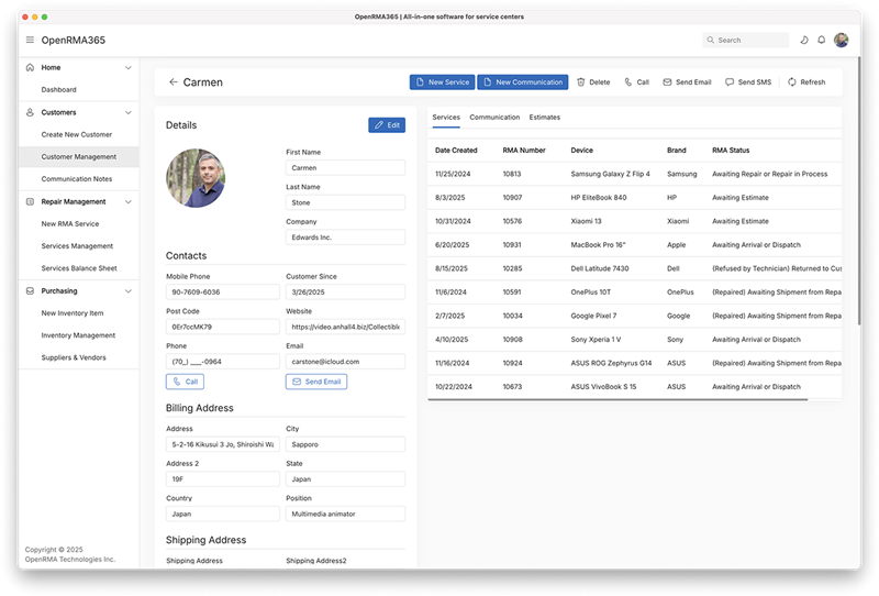 OpenRMA365 dashboard displaying core features for inventory, customer management, and invoicing.
