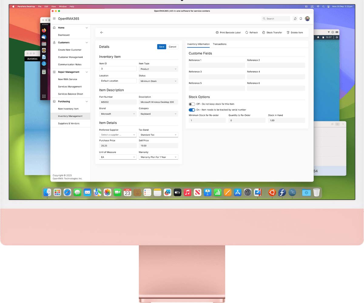 Screenshot of the OpenRMA365 RMA service editing screen.