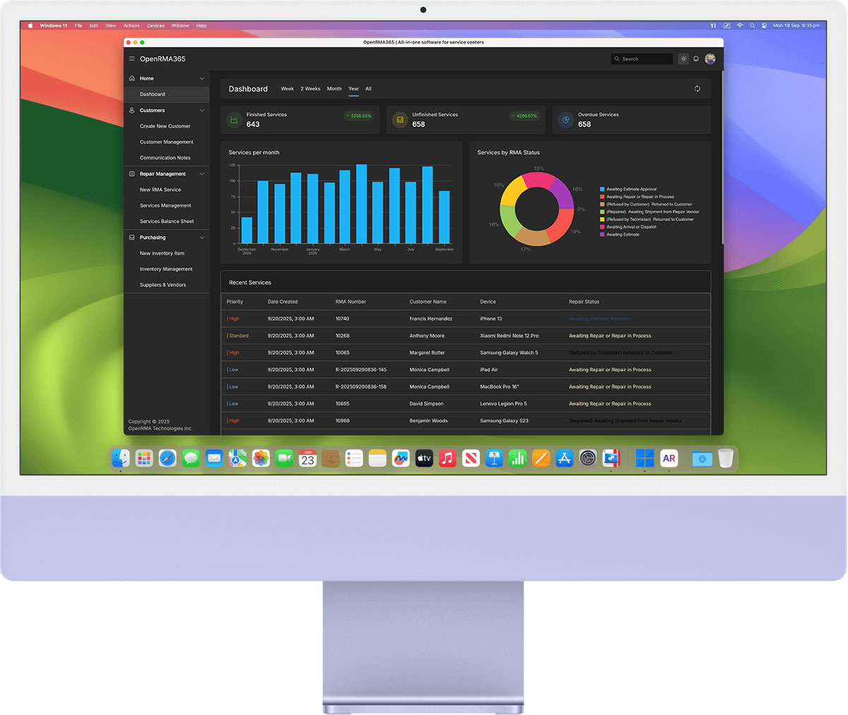 Screenshot of the OpenRMA365 dashboard in dark mode theme