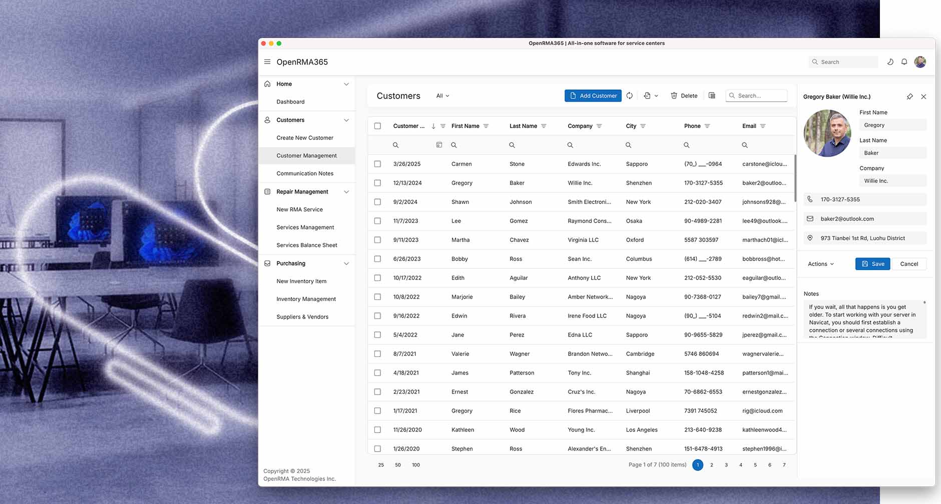 OpenRMA365 dashboard displaying features for creating invoices, managing inventory, and a customer relationship management (CRM) system.
