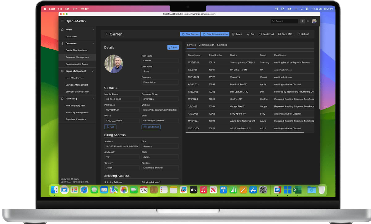 Macbook showing the customers details page.