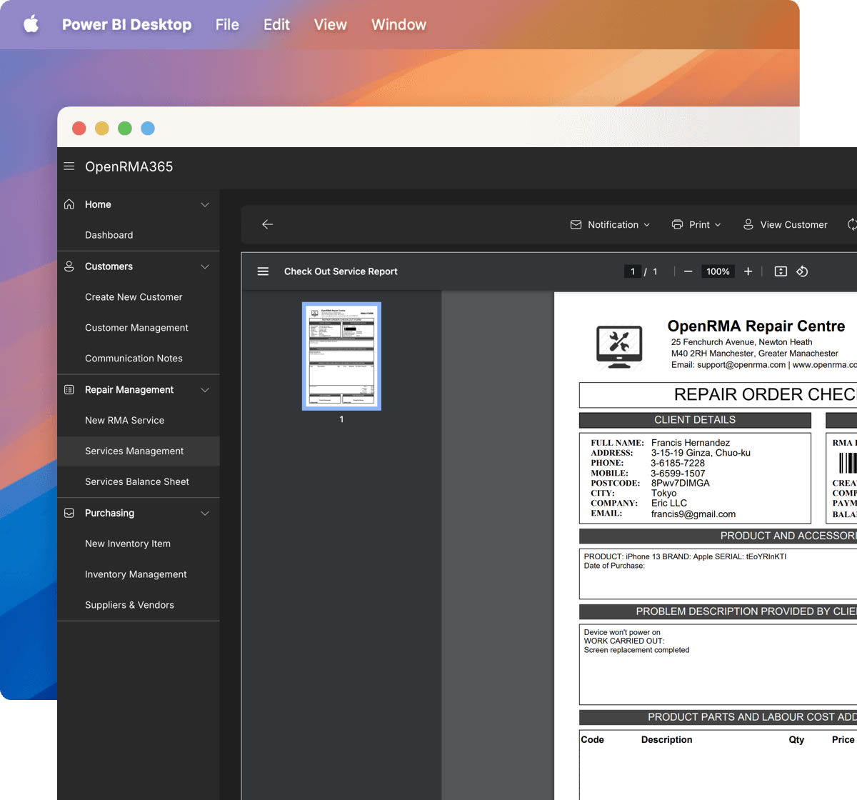 OpenRMA365 Repair Order Print form.