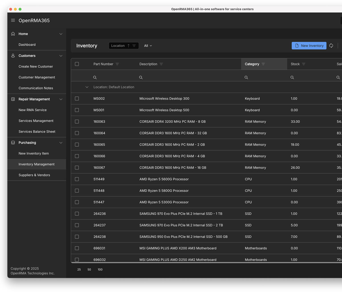Inventory Management screen showing items.